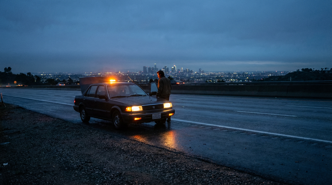 Car pulled over on highway shoulder at twilight with hazard lights.