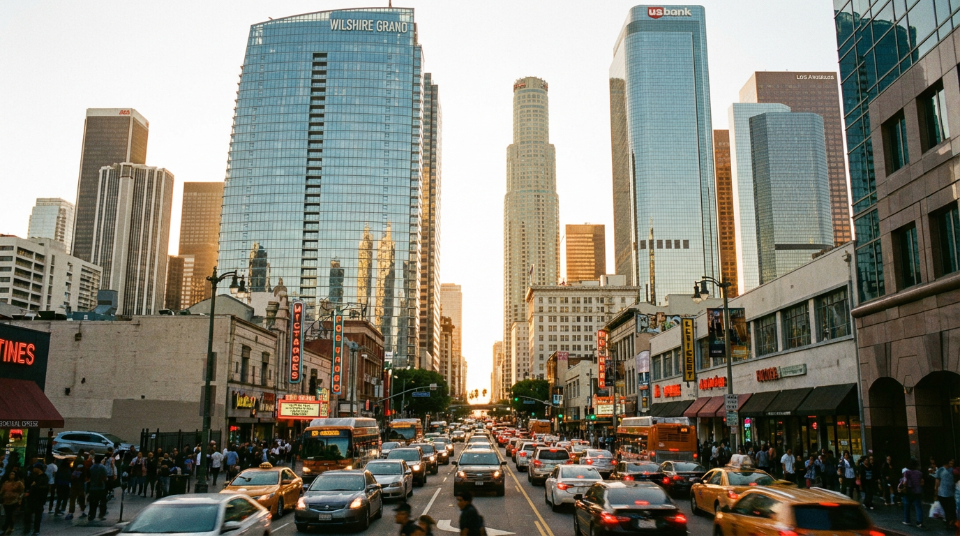 Busy downtown Los Angeles street scene with traffic at golden hour.