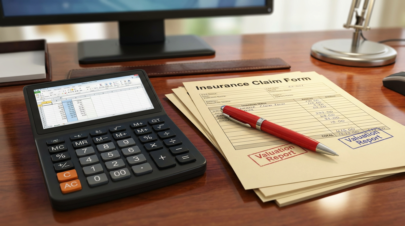 Close-up of a calculator and a red pen on a stack of insurance claim forms.