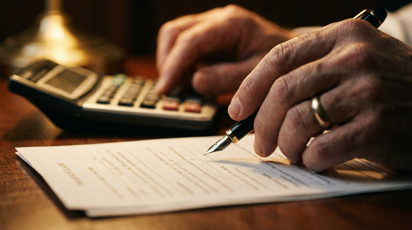 Professional reviewing insurance claim documents with calculator.