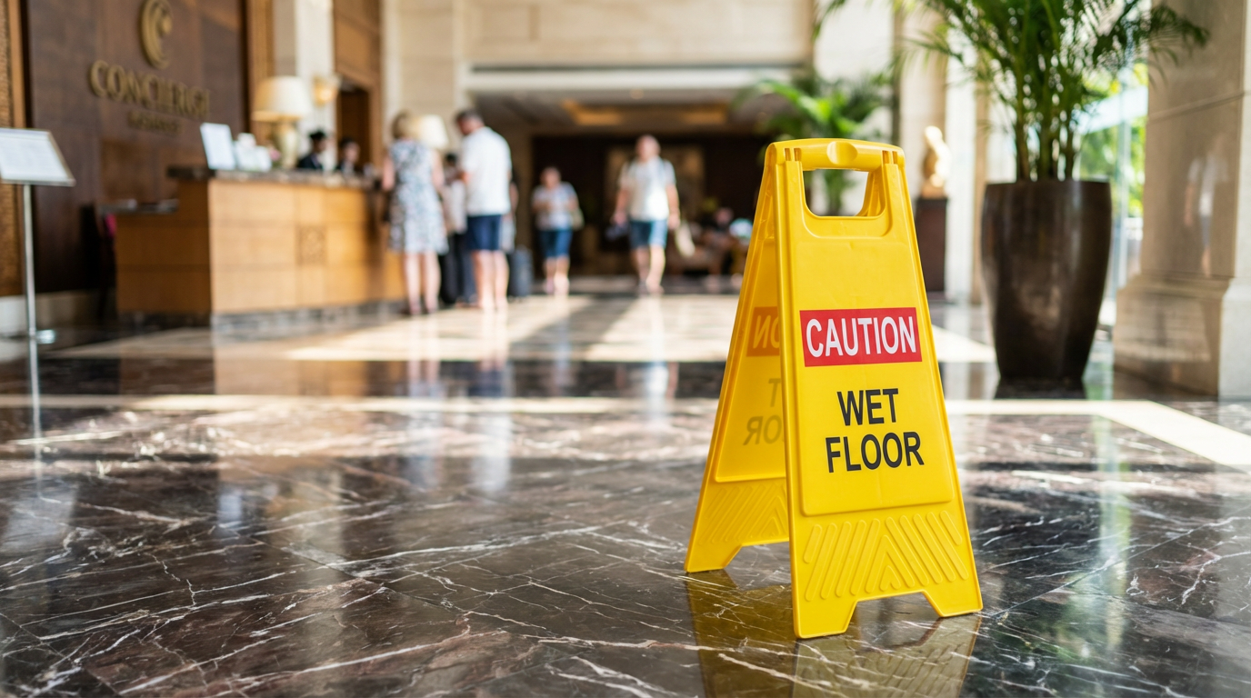 Caution: Wet Floor sign on polished floor in a lobby.