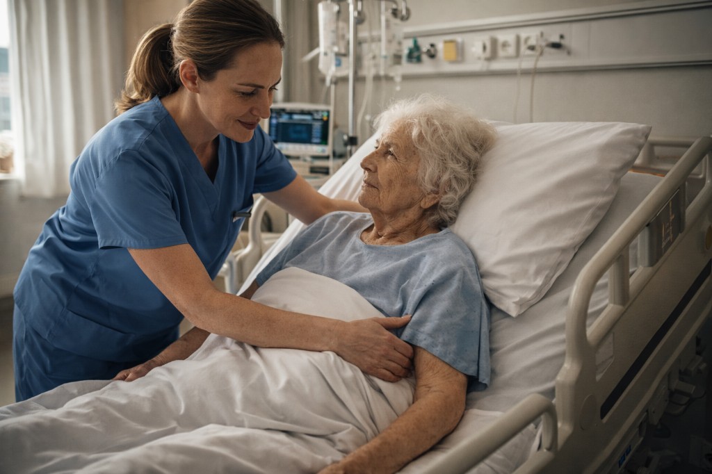 Nurse assisting elderly patient with care