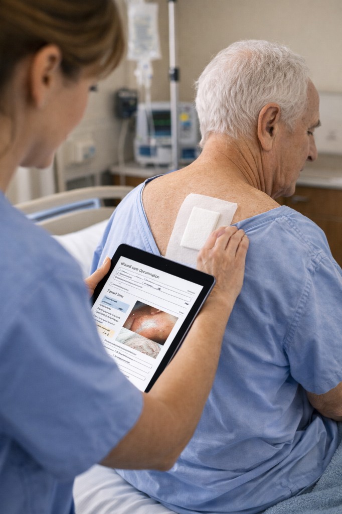 Nurse documenting wound care and pressure injury staging