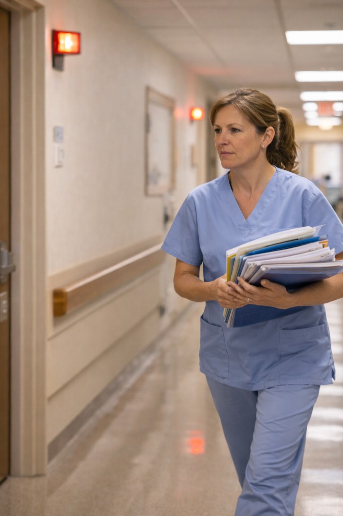 Nurse in hallway with patient files; busy facility