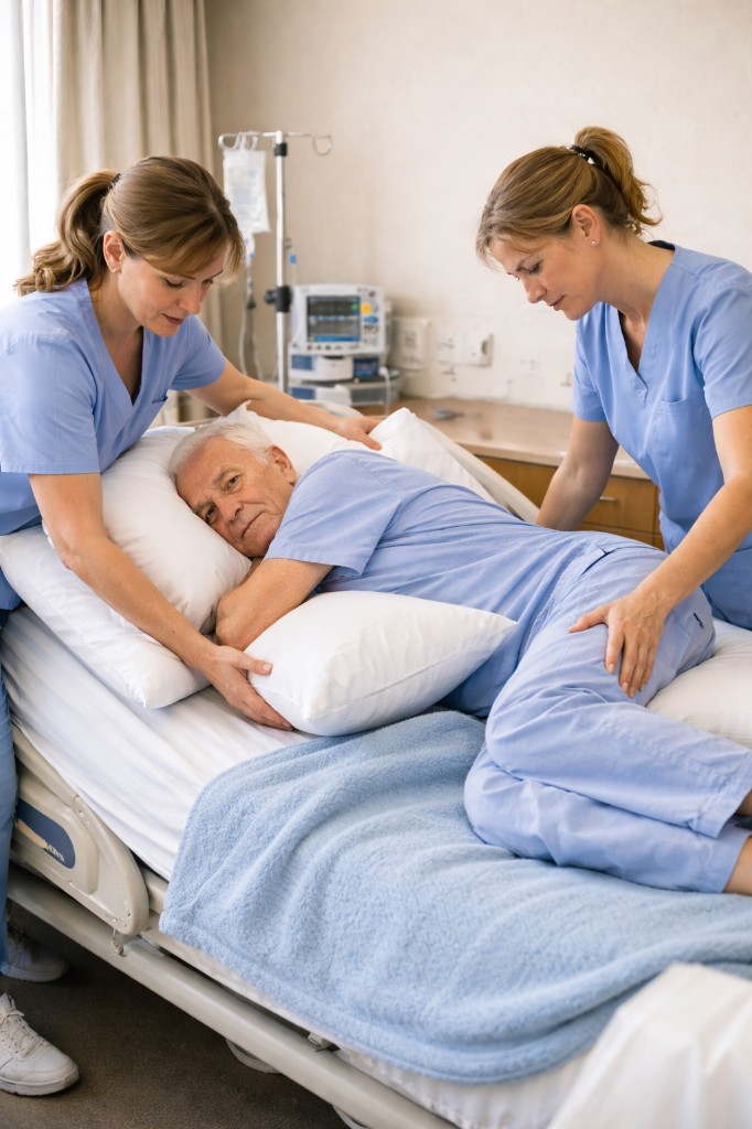 Two nurses repositioning elderly resident with pillows; proper turning technique