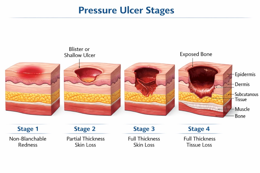 Pressure ulcer stages diagram: Stage 1 through Stage 4