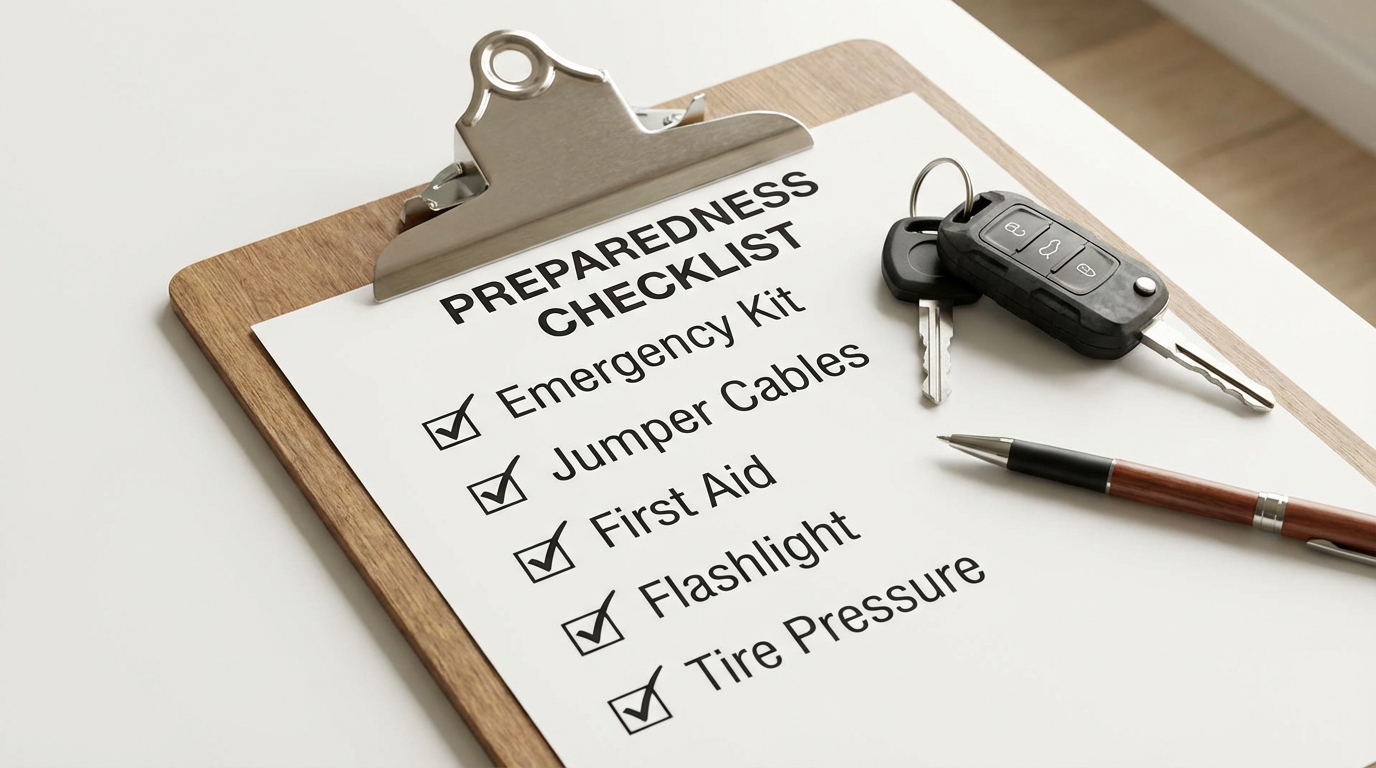 A checklist on a clipboard with a car key and a pen.